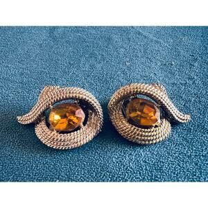 Vintage Coro Clip-On Earrings Glass Stone Gold Tone Swirl Mid Century Retro
